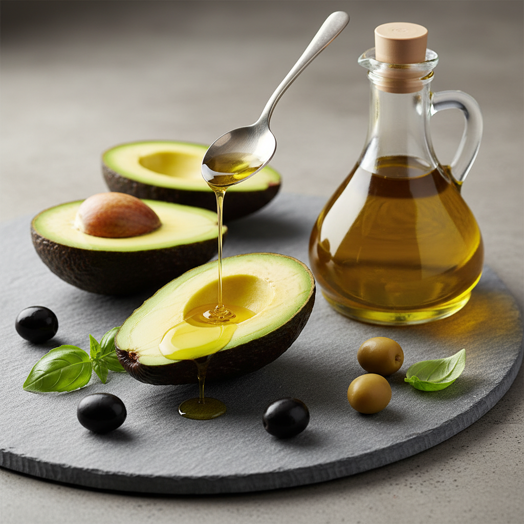 Stilisierte Darstellung von Avocados und Olivenöl auf einem Steinhintergrund