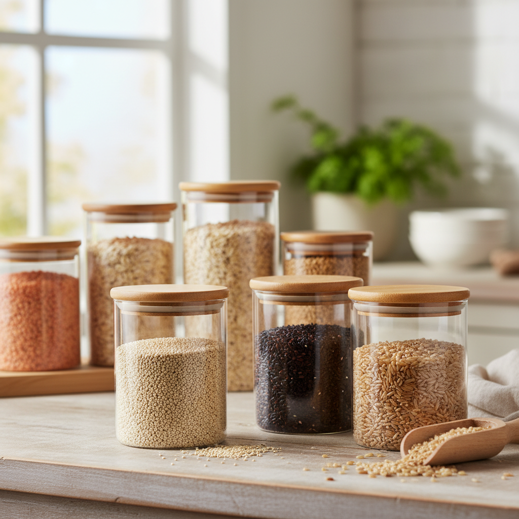 Verschiedene Getreidesorten wie Quinoa und Reis in Glasbehältern