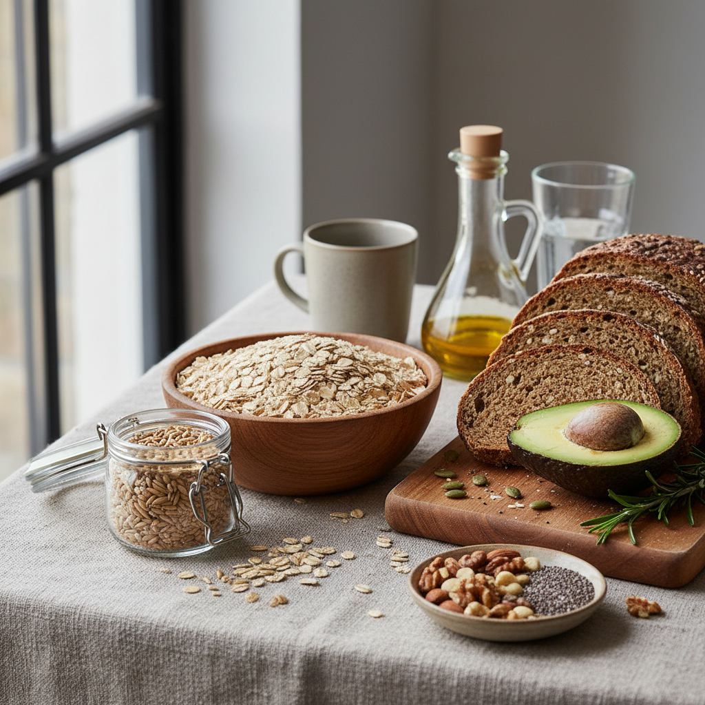 Verschiedene Vollkornprodukte wie Haferflocken und Vollkornbrot auf einer Leinentischdecke