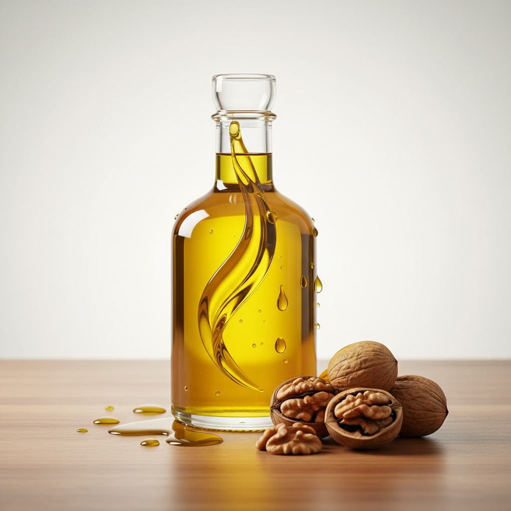 Stilisierte Darstellung von flüssigem Olivenöl in einer Glasflasche neben Walnüssen