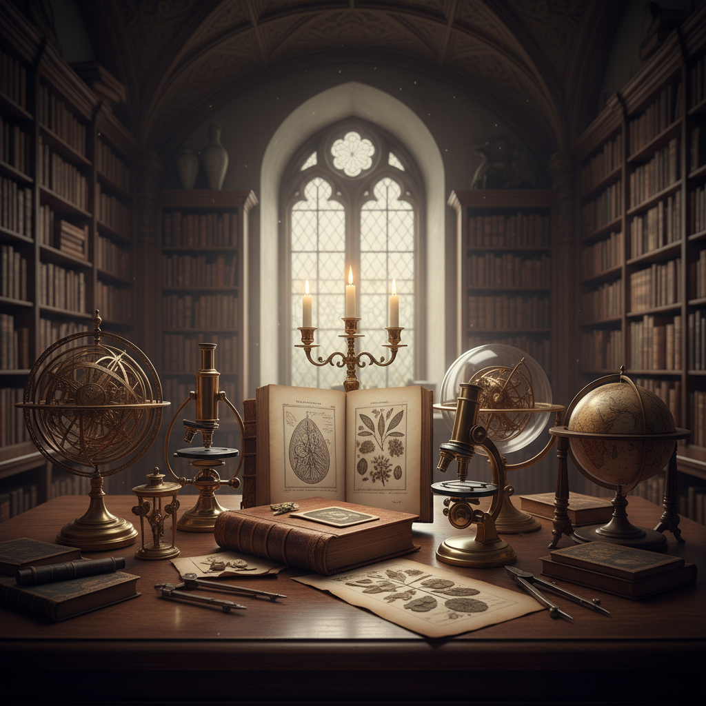 Antike wissenschaftliche Instrumente und ein altes Buch über Biologie in einer dunklen Bibliothek
