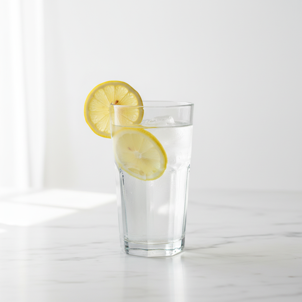 Ein Glas Wasser mit einer Zitrone in einer klinisch reinen, hellen Umgebung